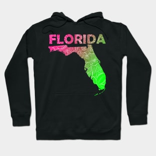 Colorful mandala art map of Florida with text in pink and green Hoodie